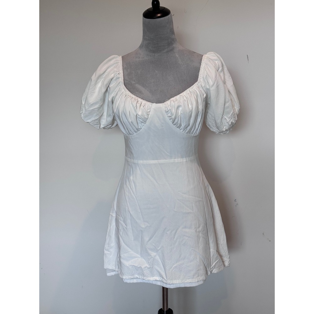Peppermayo White Puff Sleeve Mini Dress Gathered Bust Sweetheart US 6 EU 38